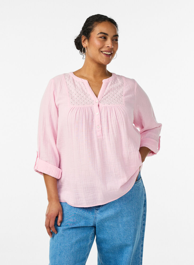 Blouse en mousseline de coton avec broderie anglaise, Rose, Model image number 0
