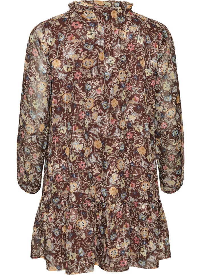 Robe en mousseline &agrave; imprim&eacute; floral et volants &eacute;tag&eacute;s, Marron, Packshot image number 1