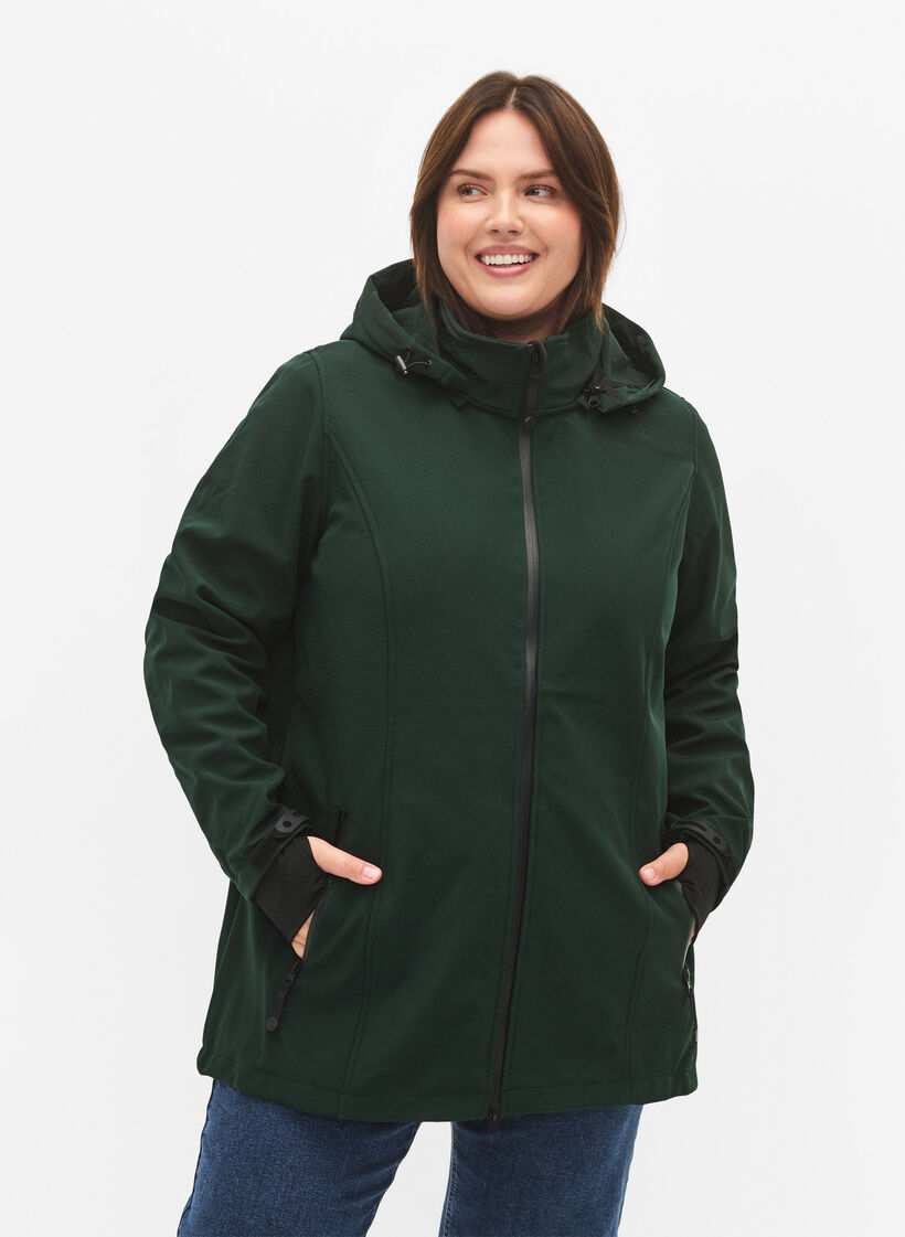 Veste courte softshell avec capuche amovible, Vert foncé, Model image number 0