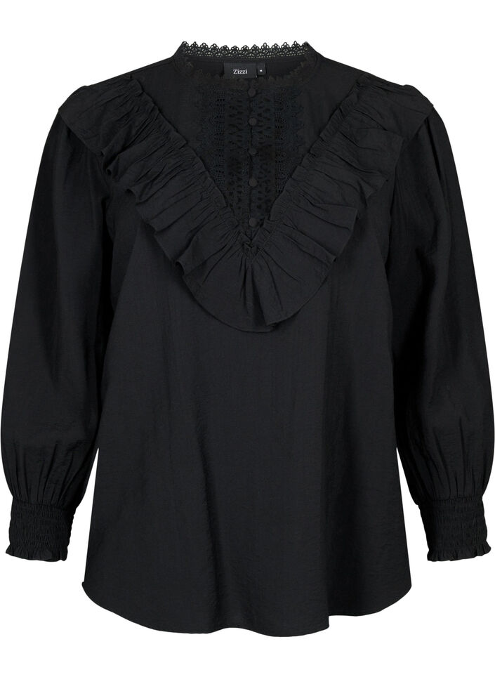 Blouse en viscose avec volants et détails brodés, Black, Packshot image number 0