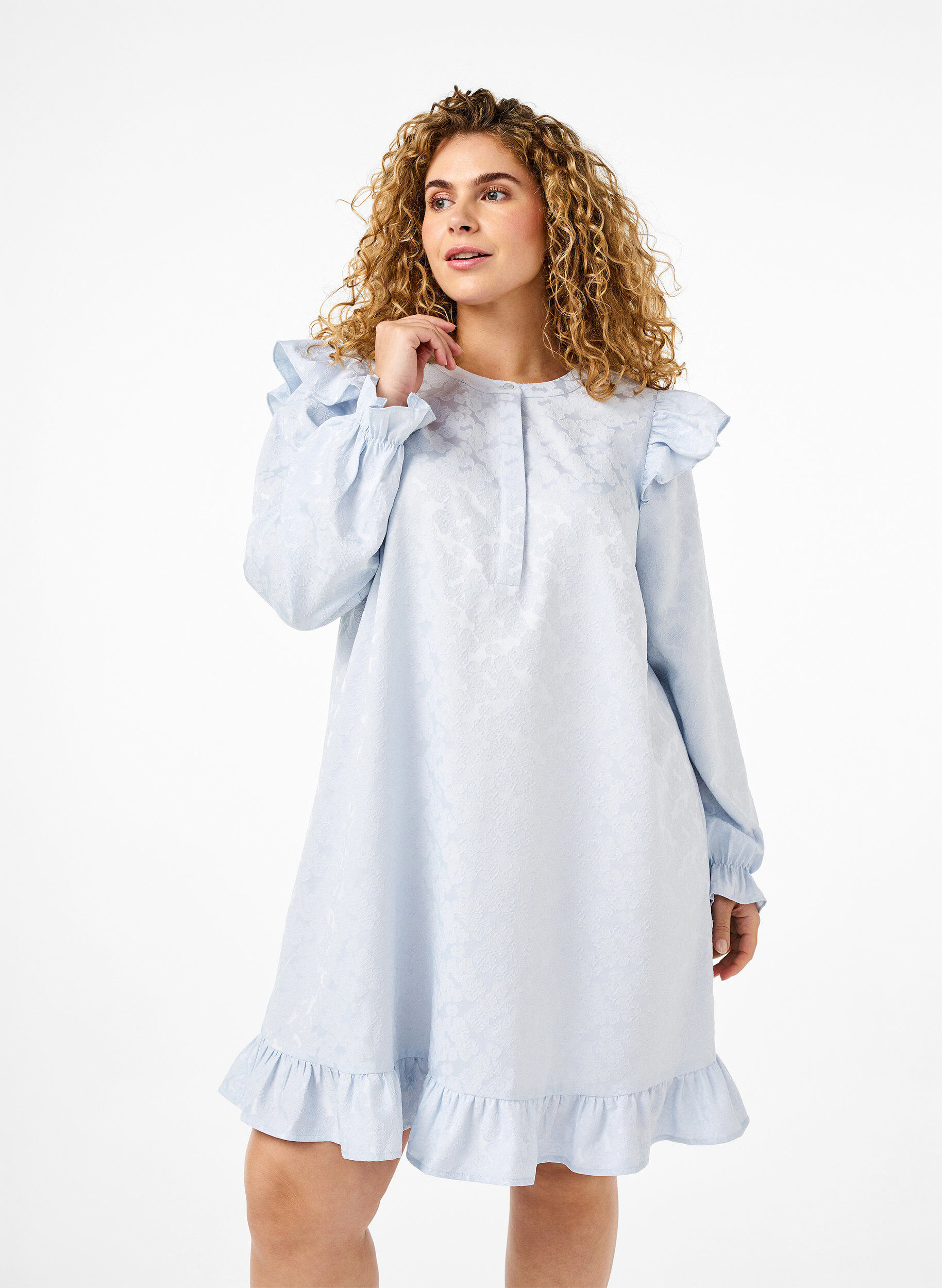Zizzi Jacquardkleid mit langen &Auml;rmeln und R&uuml;schen, Blau, Model image number 0