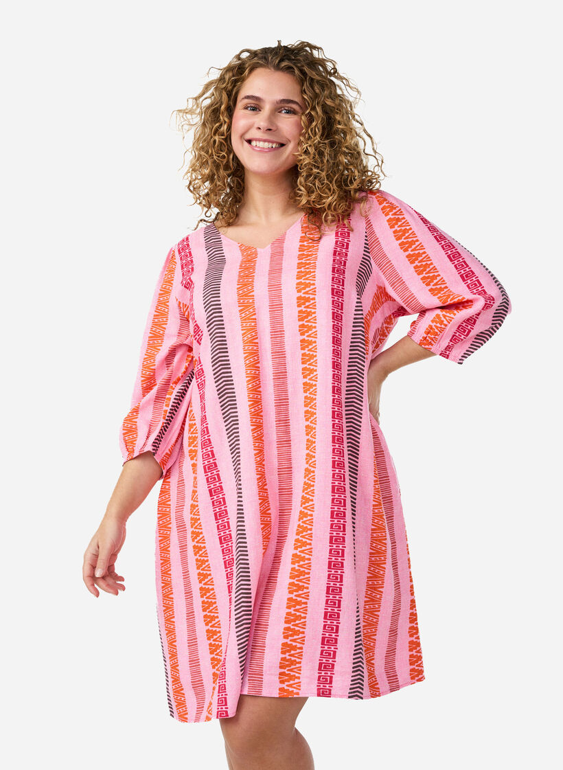 Kurzes Kleid aus Leinen und Viskose mit 3/4-&Auml;rmeln, Pink, Model image number 0
