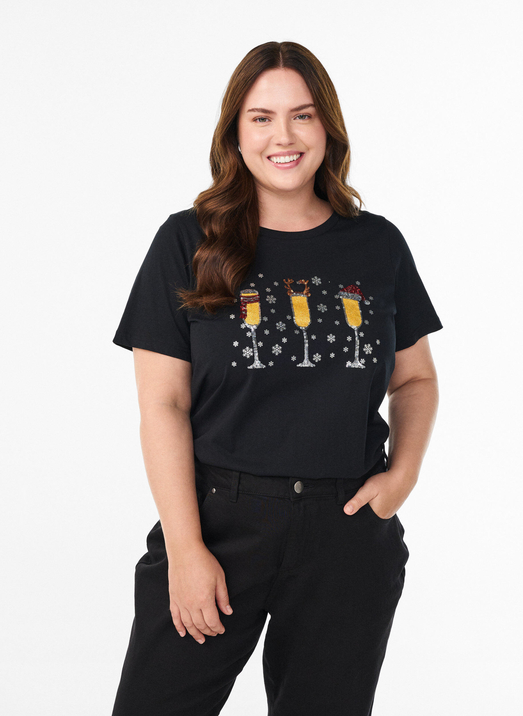 Weihnachts-T-Shirt aus Bio-Baumwolle, Schwarz, Model
