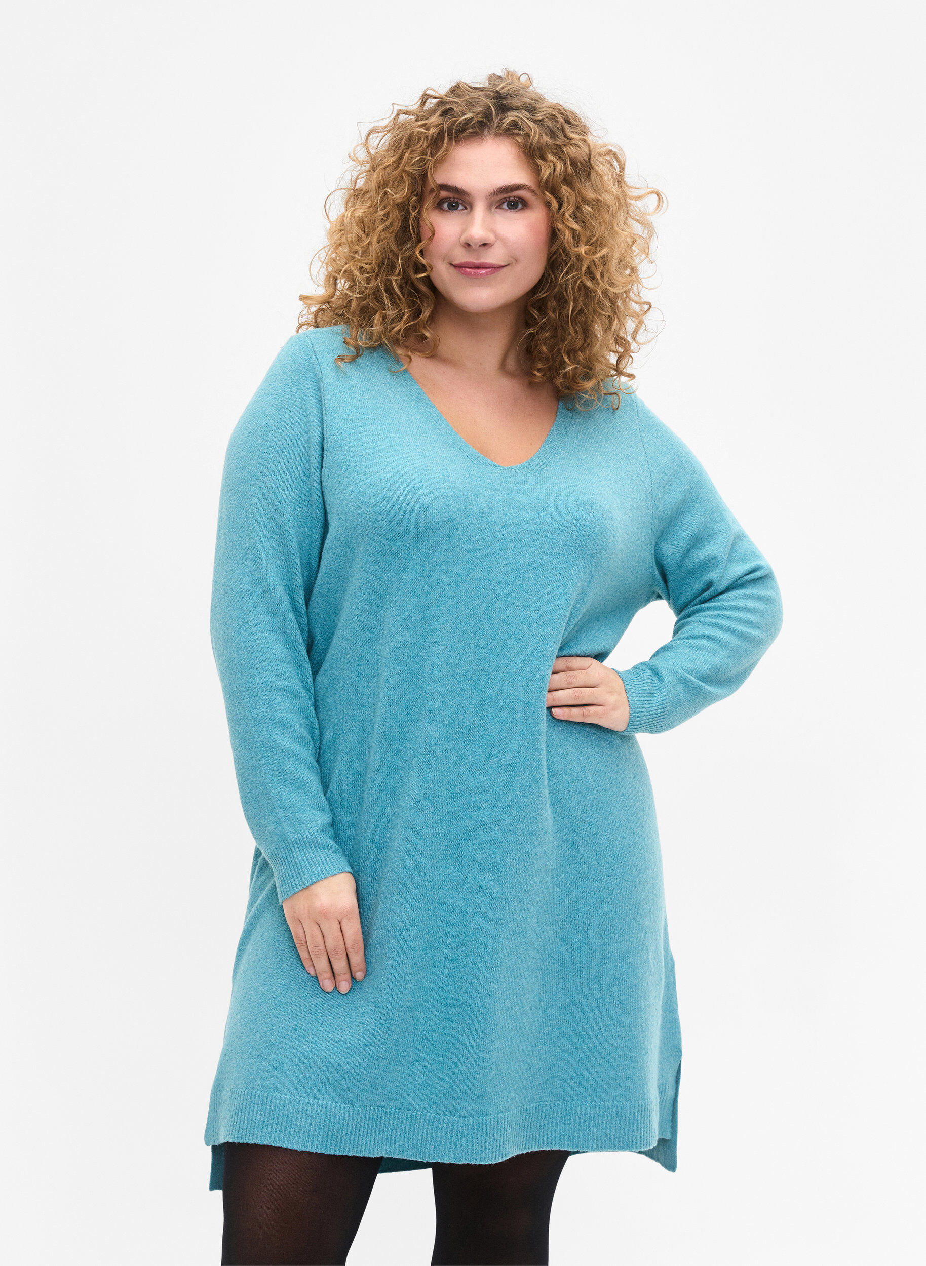 Zizzi Strickkleid mit Schlitz, R. Waters/White Mel., Model image number 0