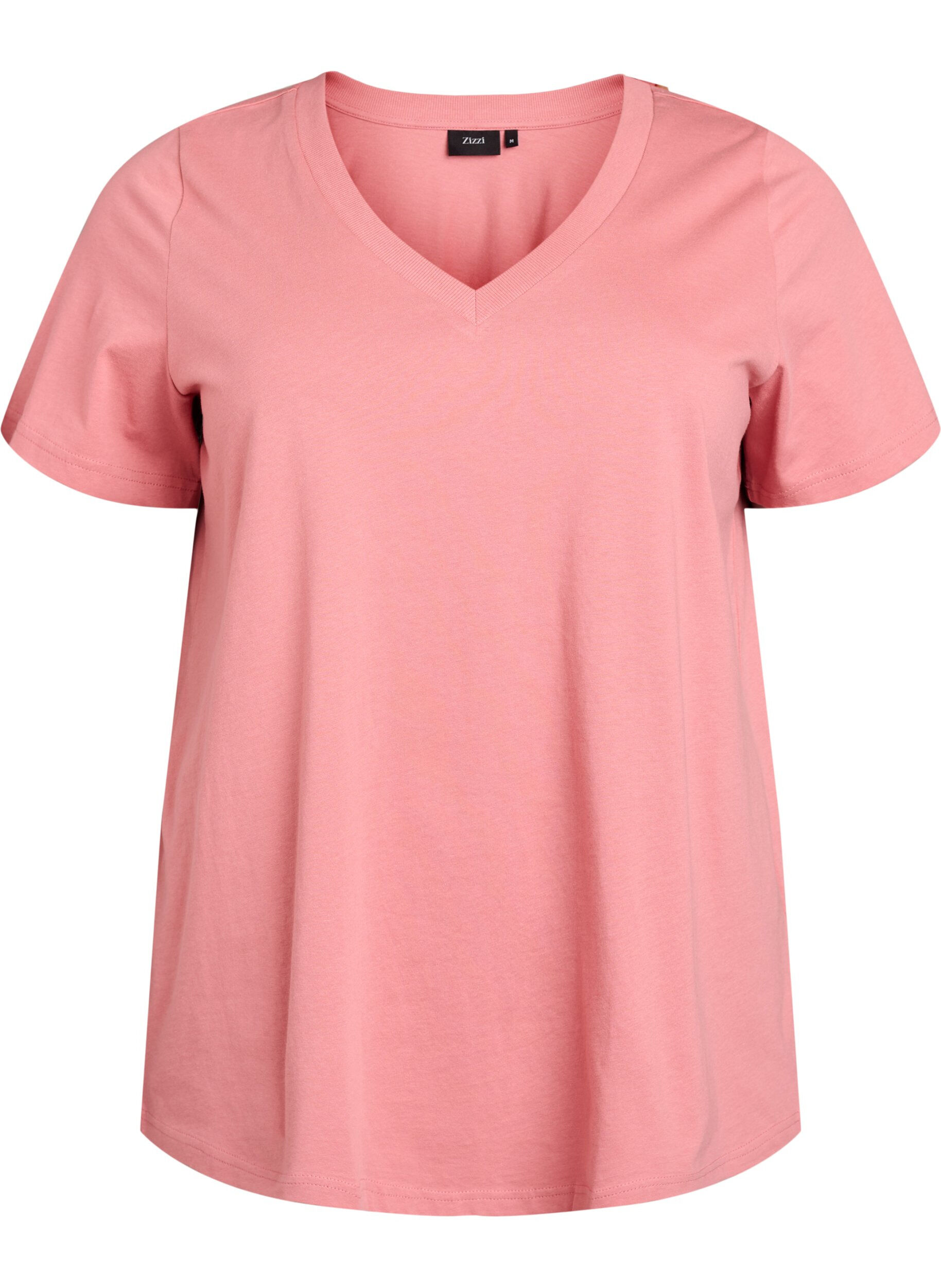 Zizzi T-shirt en coton simple avec encolure en V, Rose poudr&eacute;e, Packshot image number 0