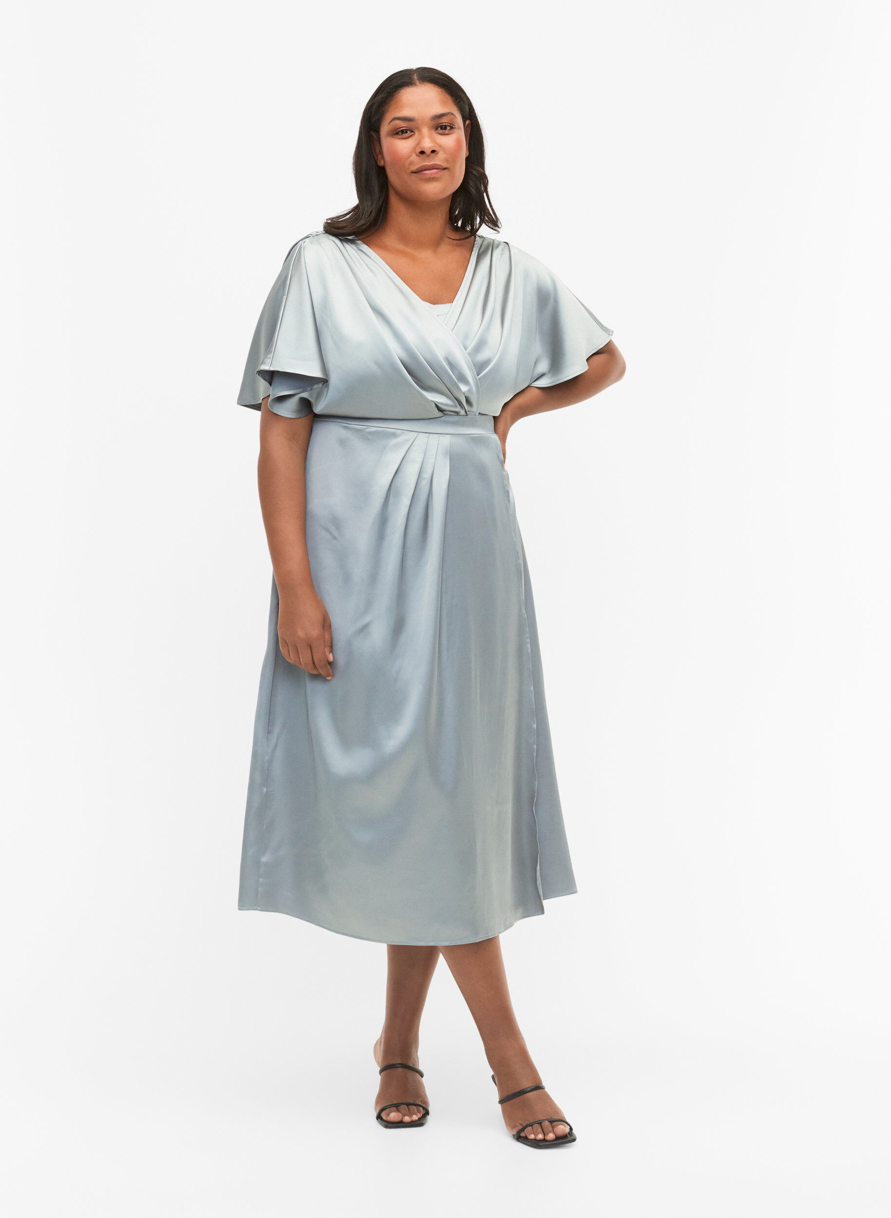 Zizzi Maxikleid mit Wickeloptik und kurzen &Auml;rmeln, Silver Blue, Model image number 0