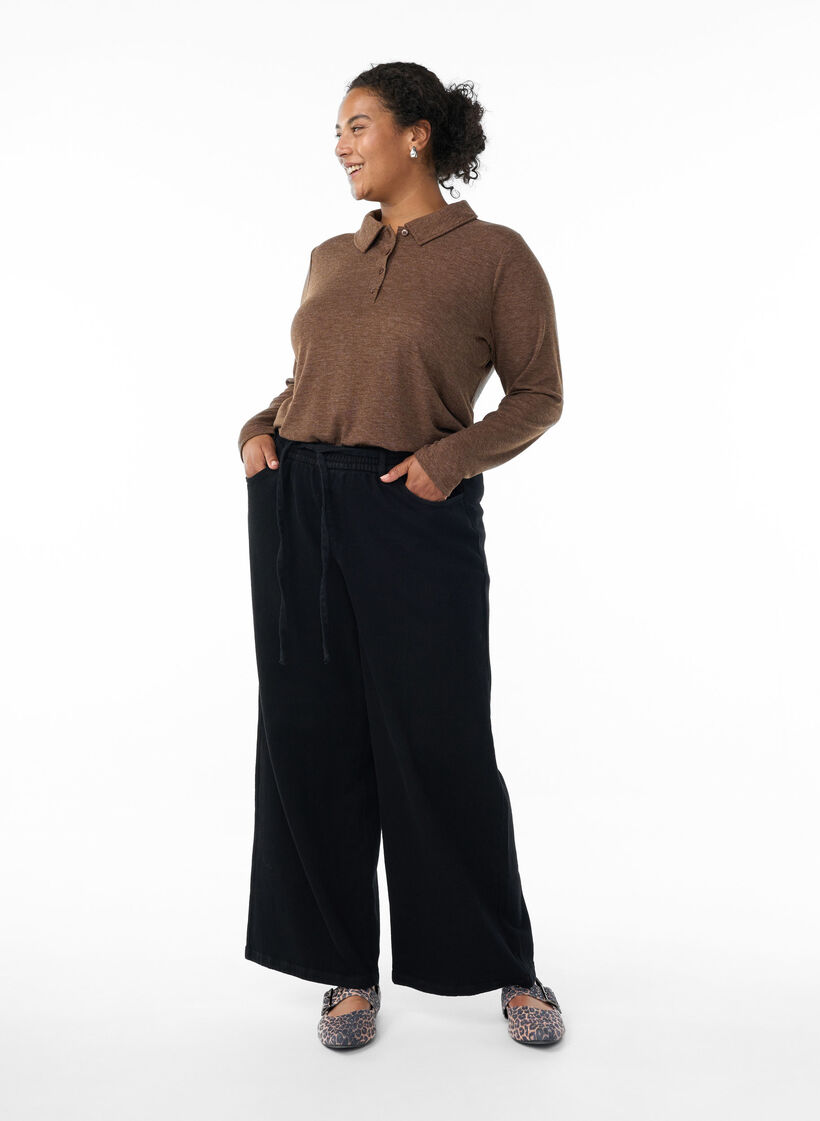 Langärmliges Poloshirt aus dehnbarem Rippmaterial, Fondue F. Mélange, Model image number 2