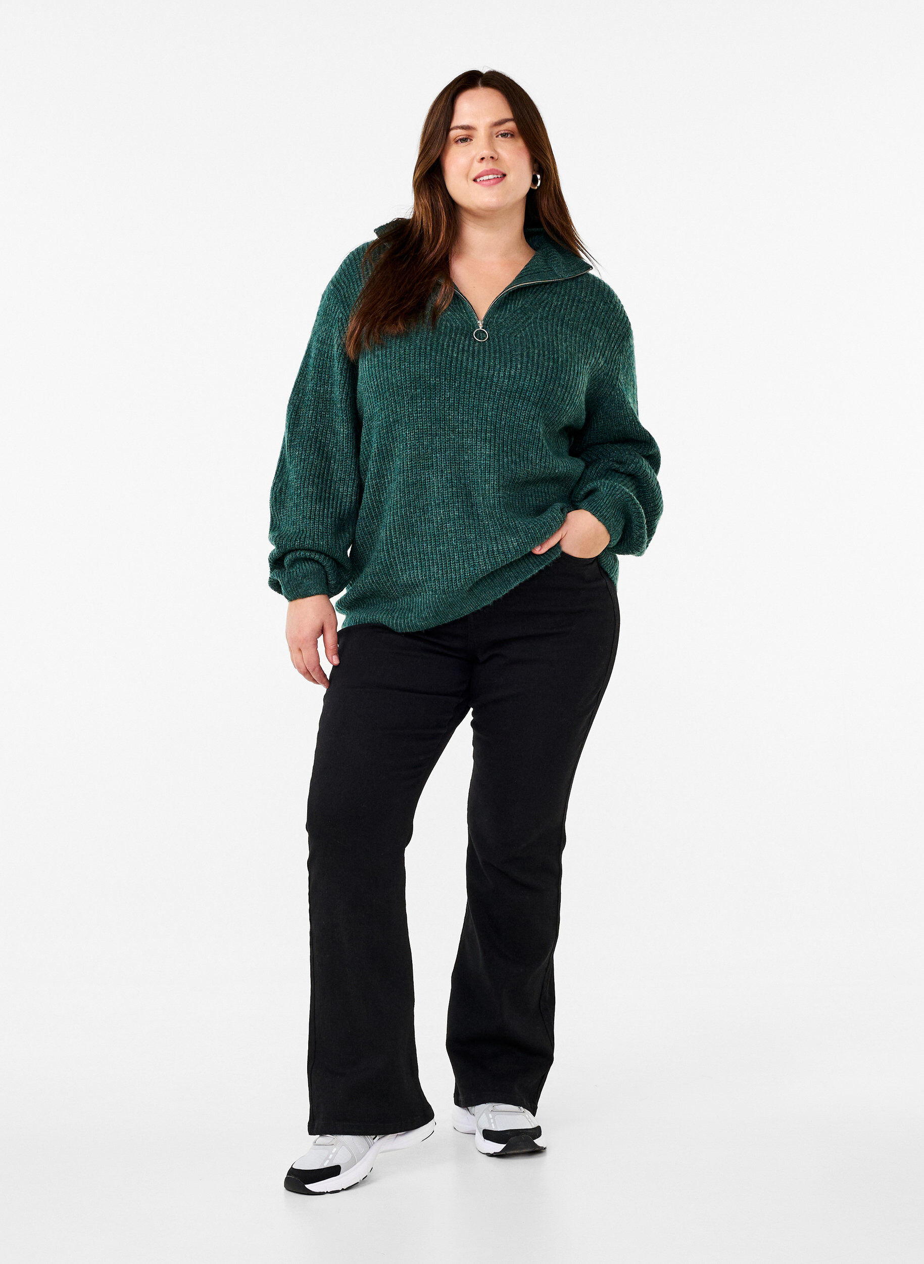 ZizziPull en tricot avec col haut et fermeture &eacute;clair, Vert fonc&eacute;, Model image number 1