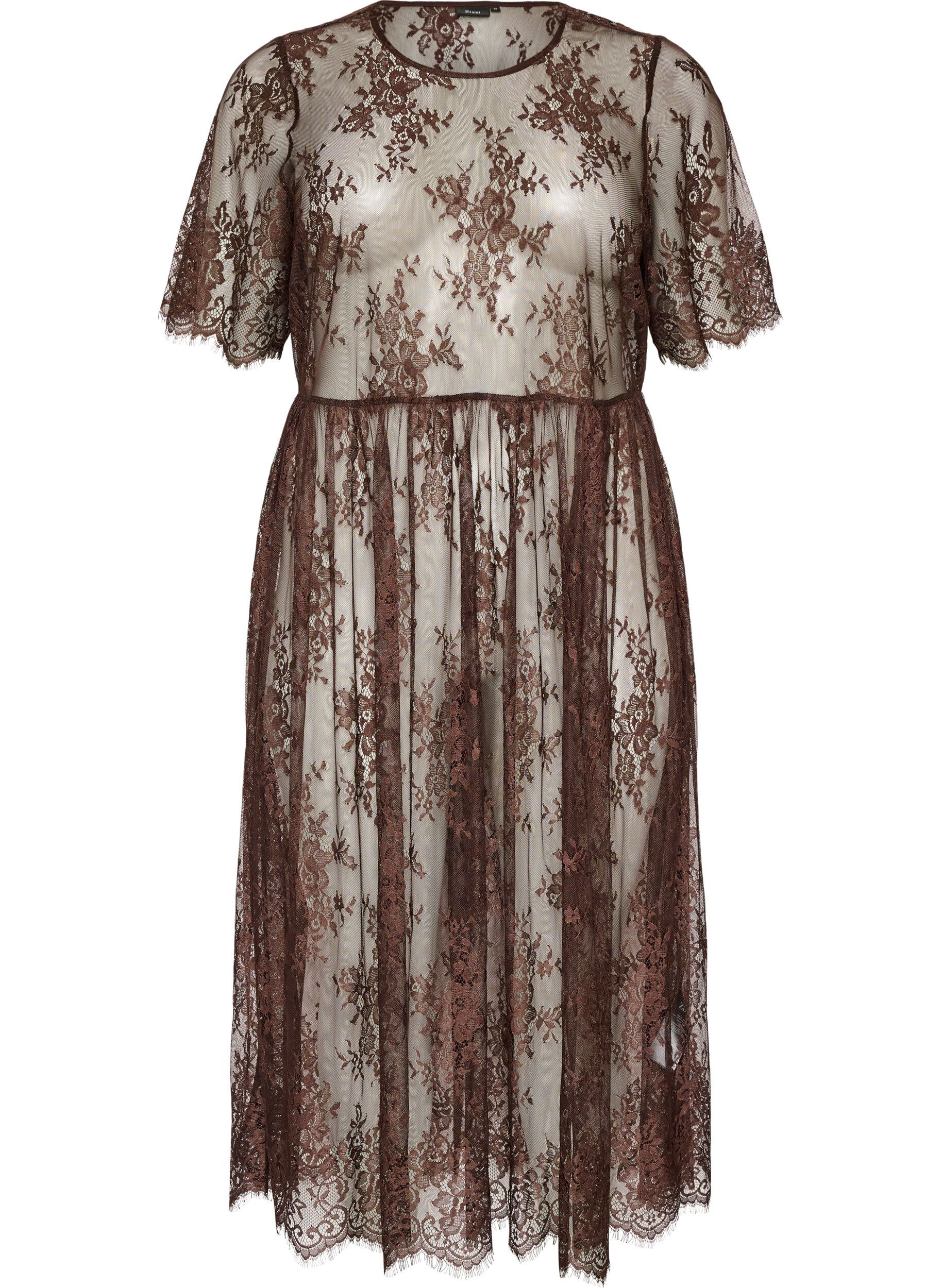 Robe mi-longue en dentelle transparente &agrave; manches courtes