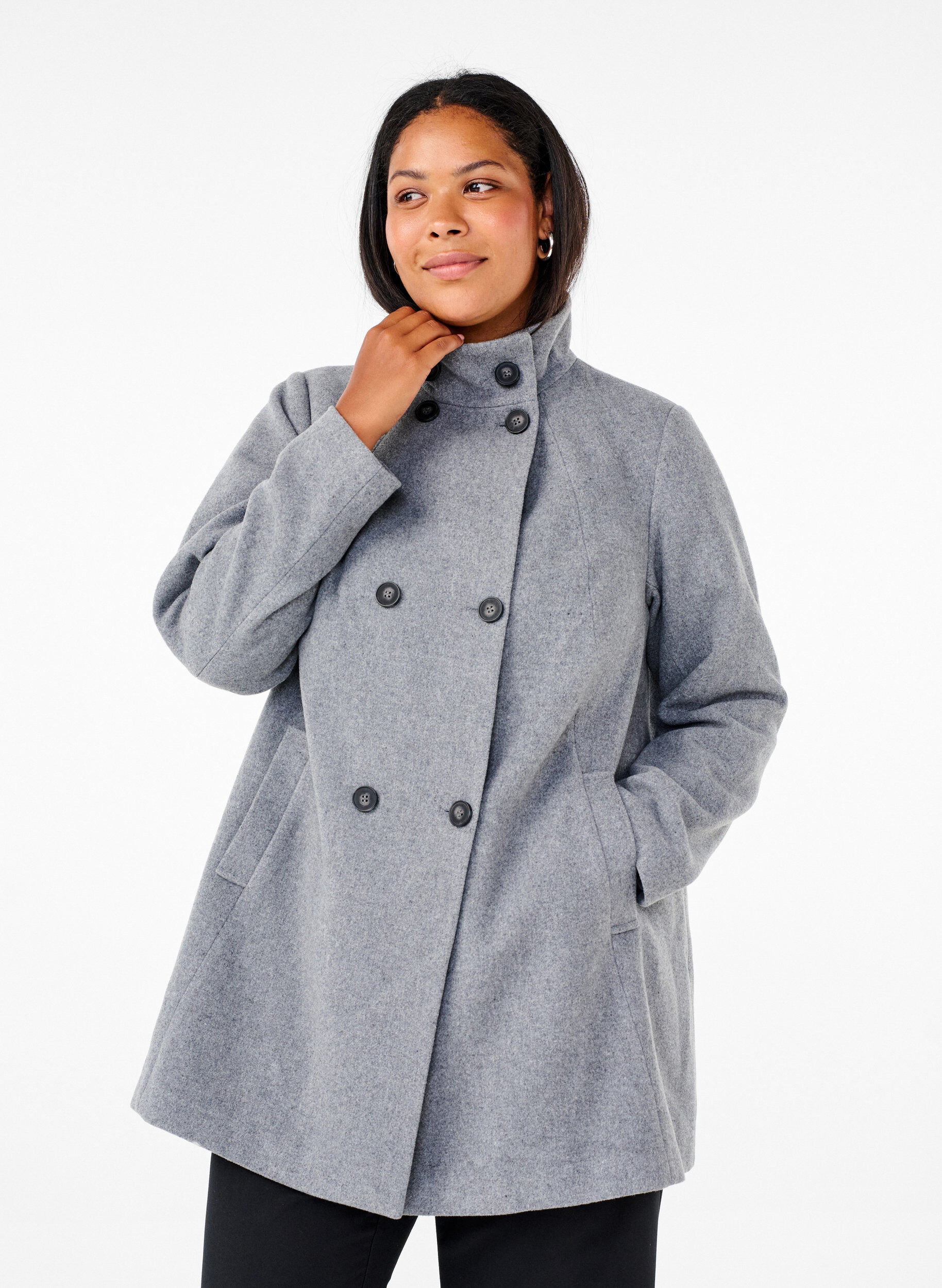 Zizzi Manteau court &agrave; coupe trap&egrave;ze, Light Grey Melange, Model image number 0