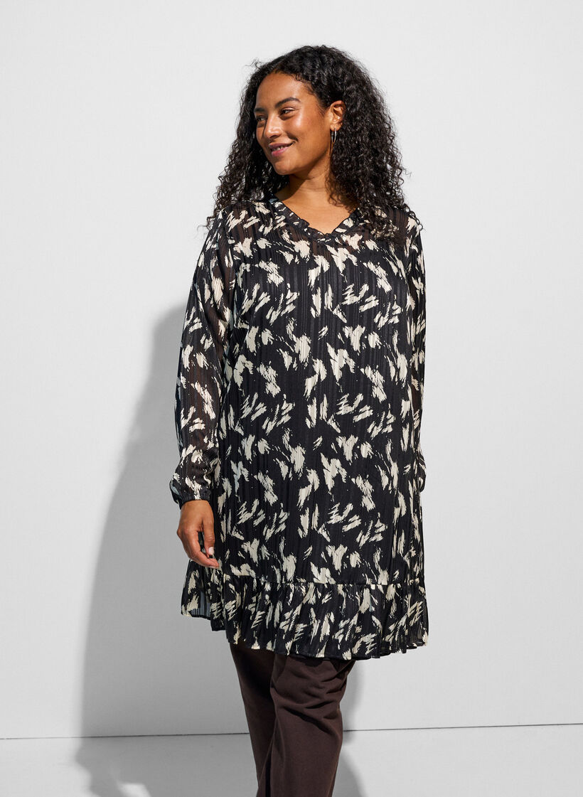 Gemustertes Kleid mit R&uuml;schen und langen &Auml;rmeln, Schwarz, Model image number 3
