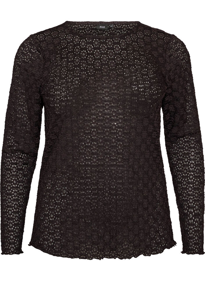 Bluse mit Lochmuster und langen &Auml;rmeln, Schwarz, Packshot image number 0