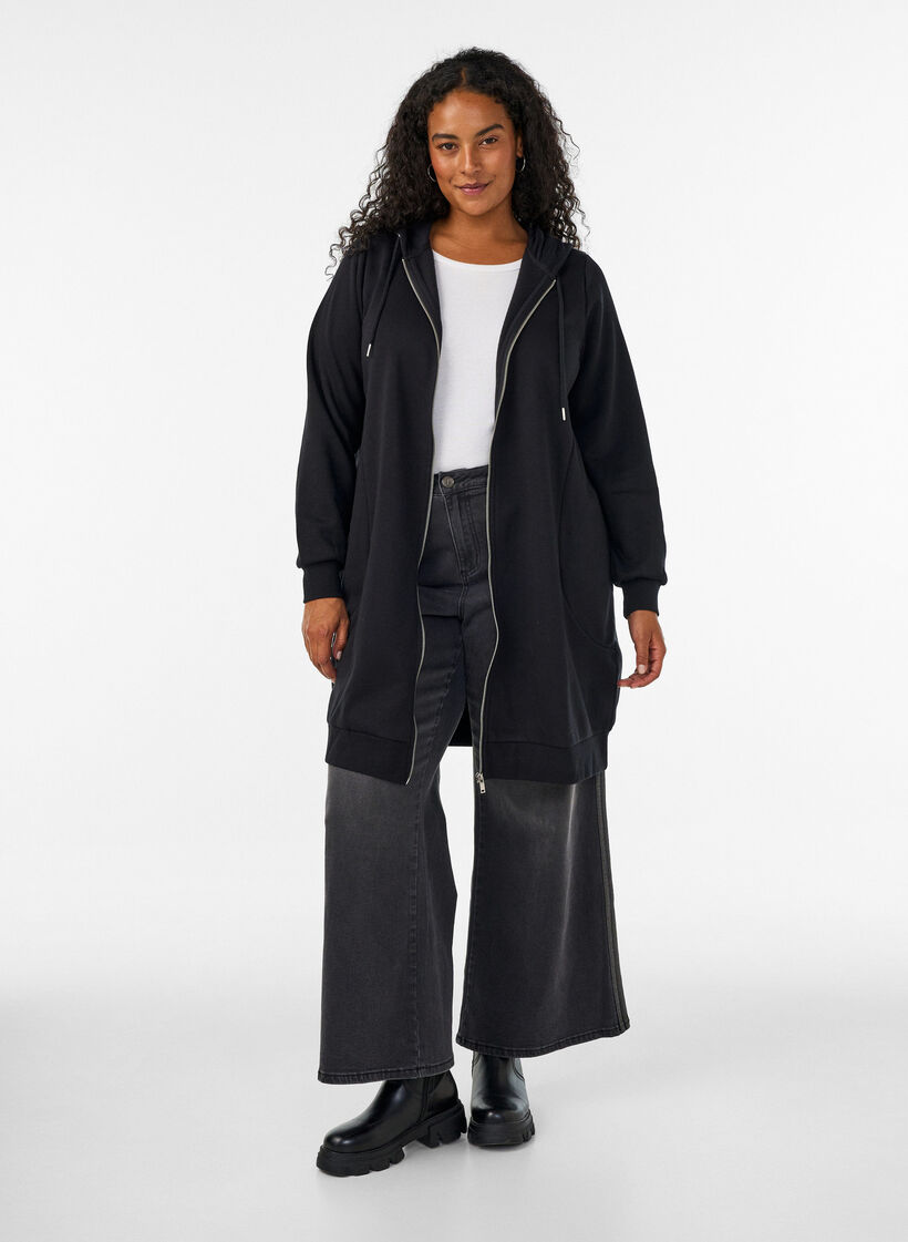Langer Hoodie mit Rei&szlig;verschluss und Taschen, Schwarz, Model image number 1