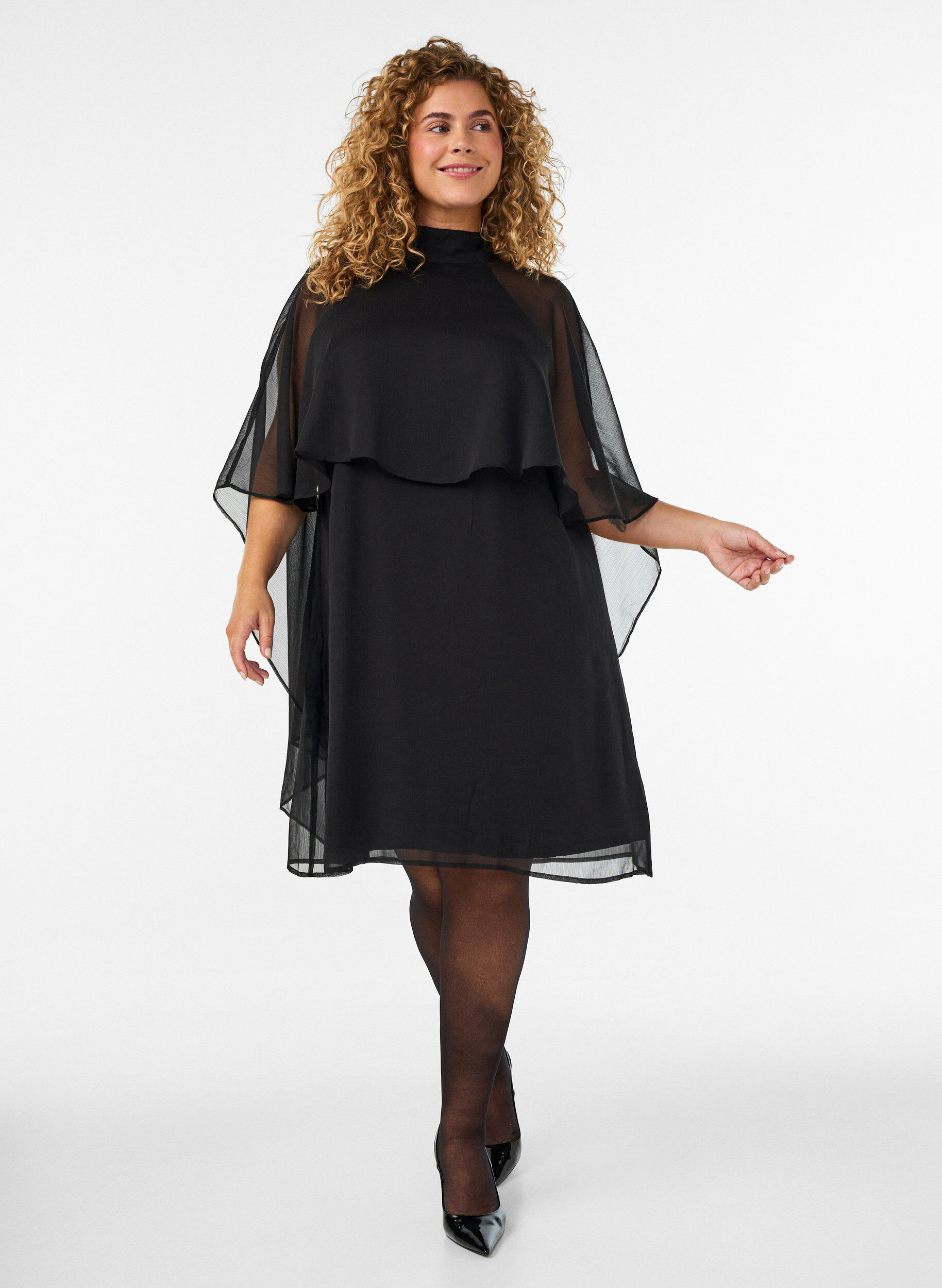ZizziRobe mi-longue en mousseline avec cape transparente, Noir, Model image number 1