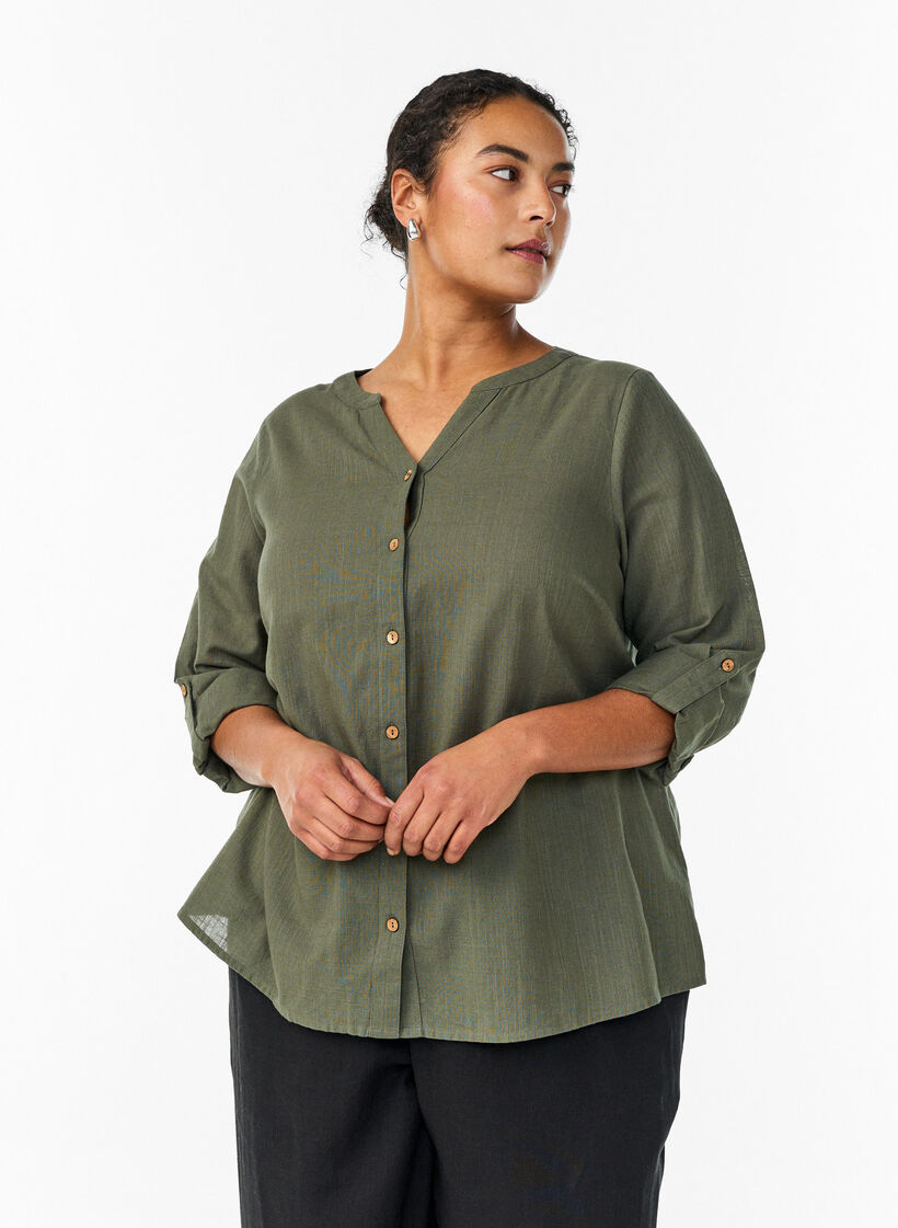 Hemdbluse aus Baumwolle mit V-Ausschnitt, Gr&uuml;n, Model image number 0