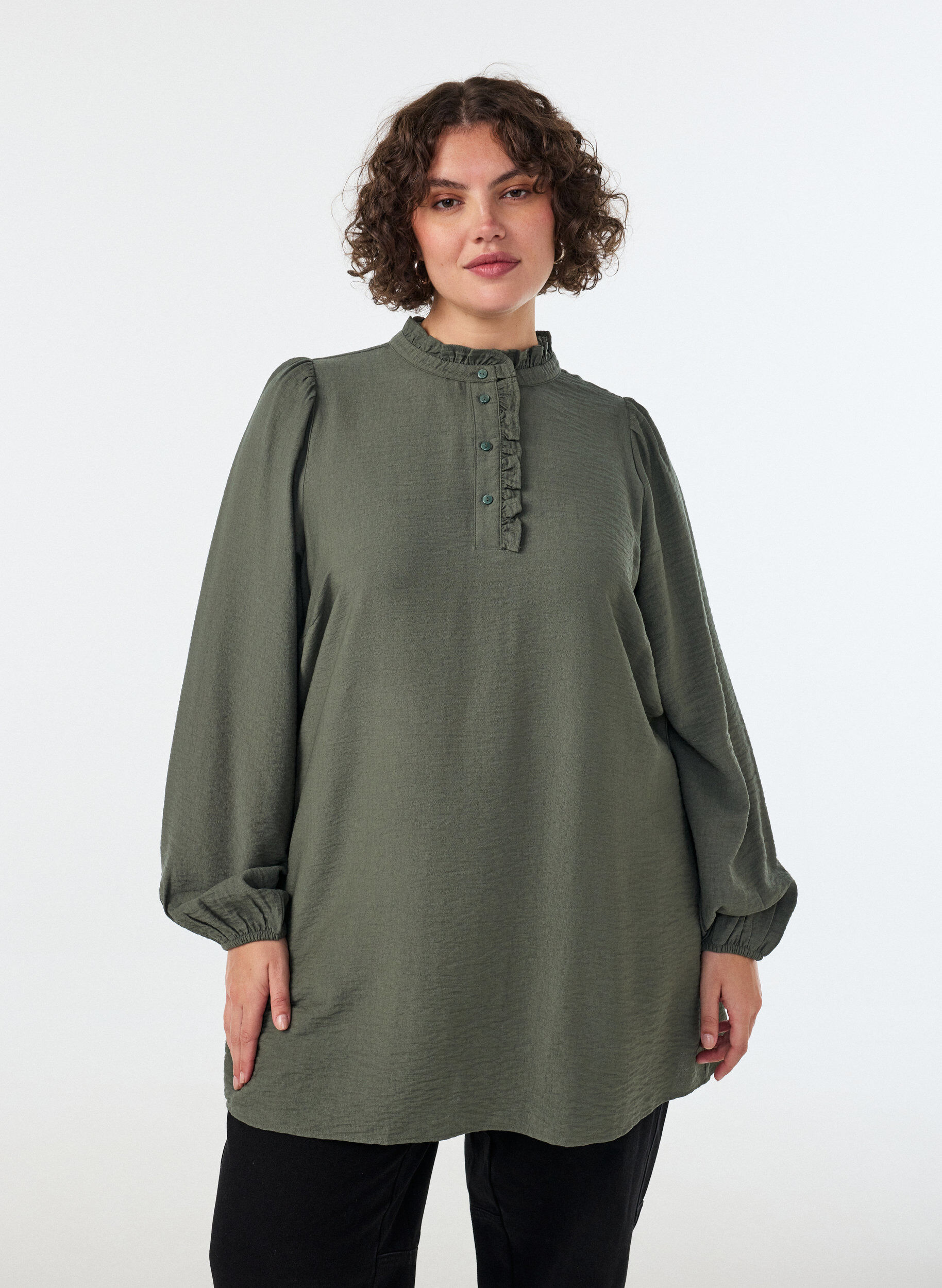 ZizziTunique en viscose avec volants et boutons, Vert, Model image number 0