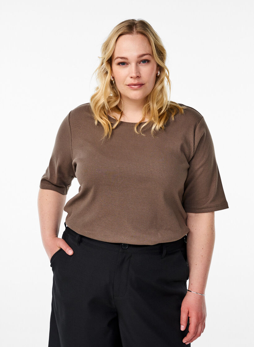 Bluse aus geripptem Jersey mit kurzen &Auml;rmeln, Braun, Model image number 0