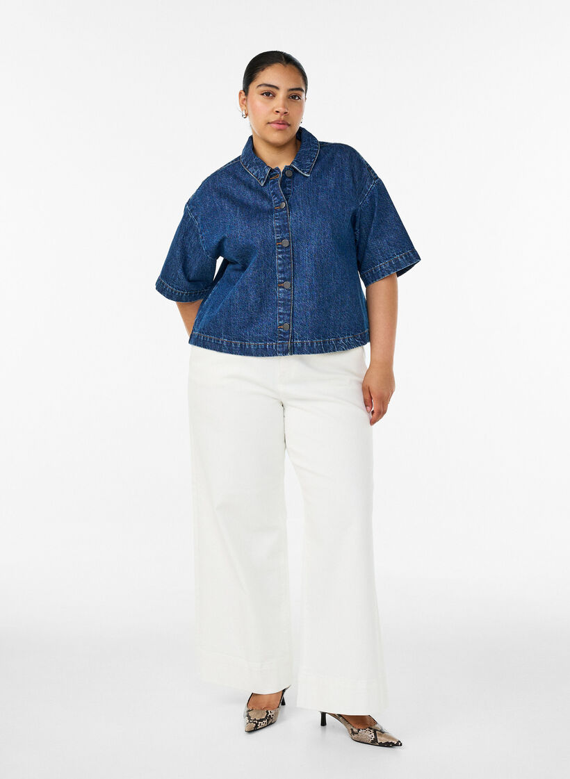 Veste en jean &agrave; manches courtes avec fermeture &agrave; boutons, Bleu, Model image number 1