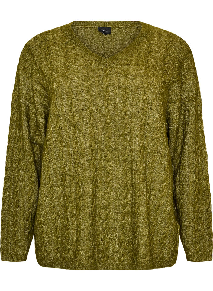 Blouse en maille torsad&eacute;e avec col en V, Vert, Packshot image number 0
