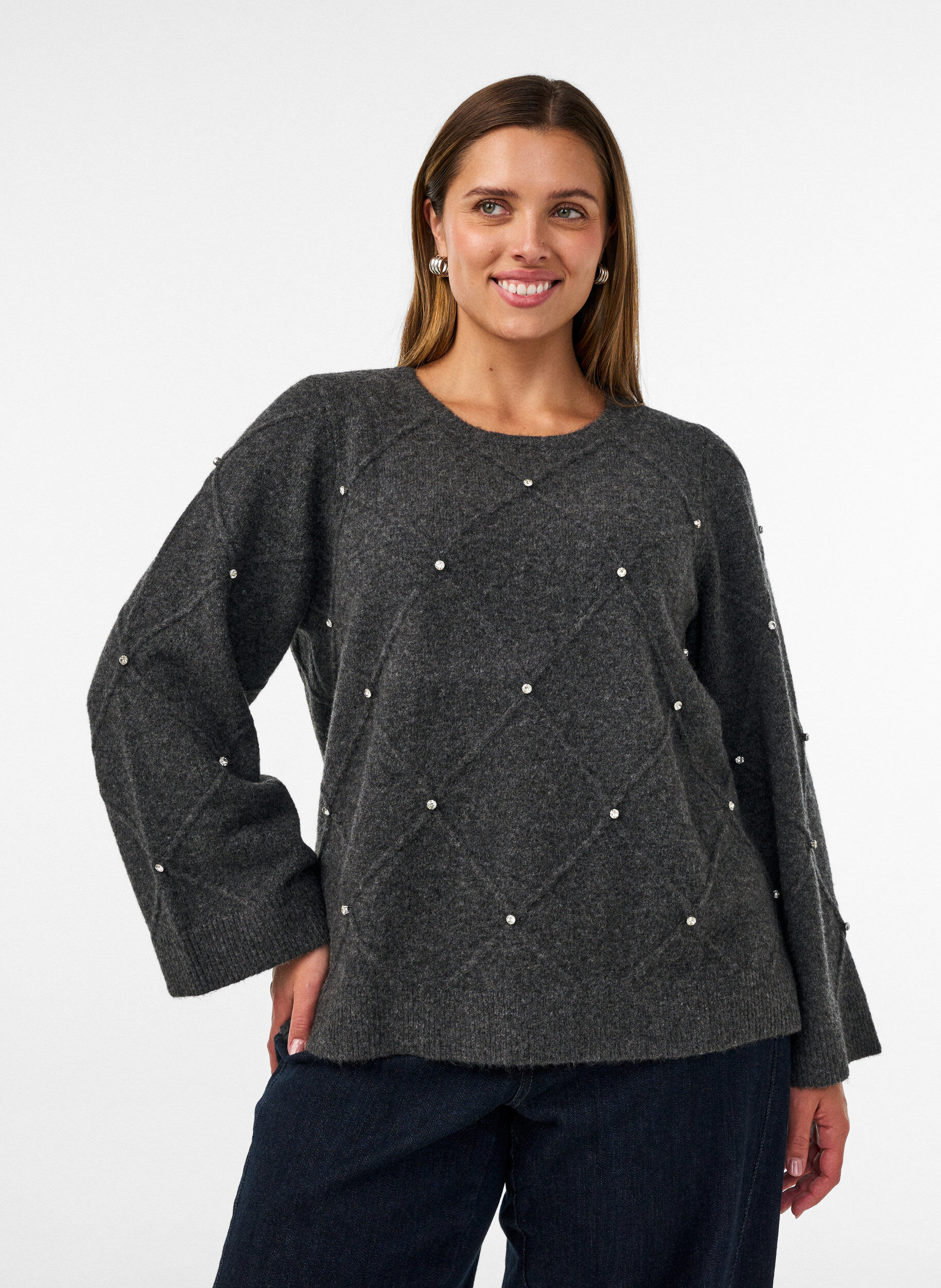 Blouse en maille avec strass et motif &agrave; losanges, Gris anthracite, Model