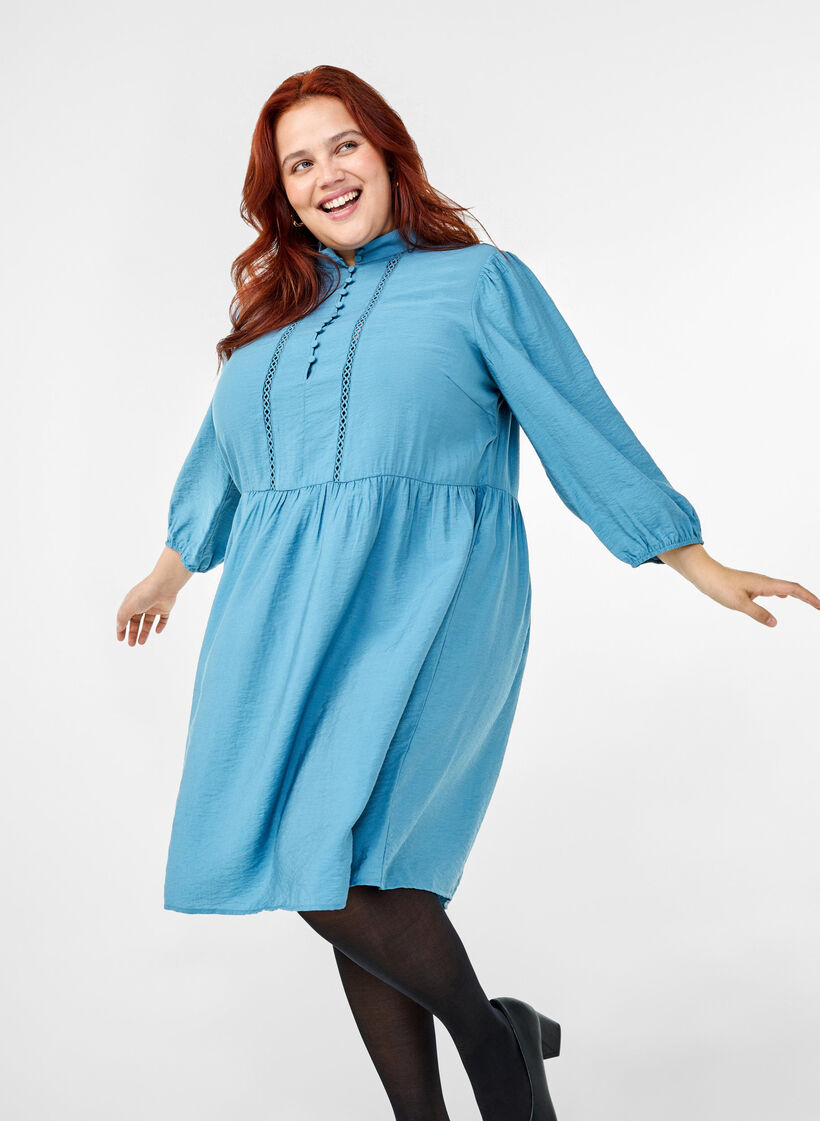 Knielanges Kleid mit Stickerei und 3/4-Ärmeln, Blue Heaven, Image image number 0