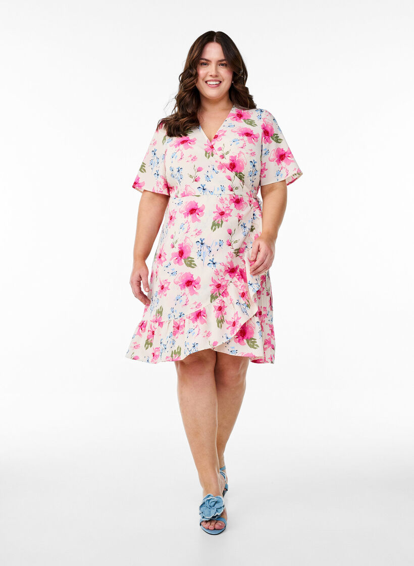 Robe portefeuille florale &agrave; manches courtes, Blanc, Model image number 1