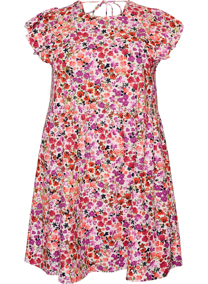 Robe fleurie en coton avec volants et col en V, Rose, Packshot image number 0