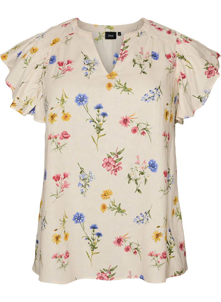 Bluse aus Viskose und Leinen mit R&uuml;schen&auml;rmeln, Beige, Packshot image number 0