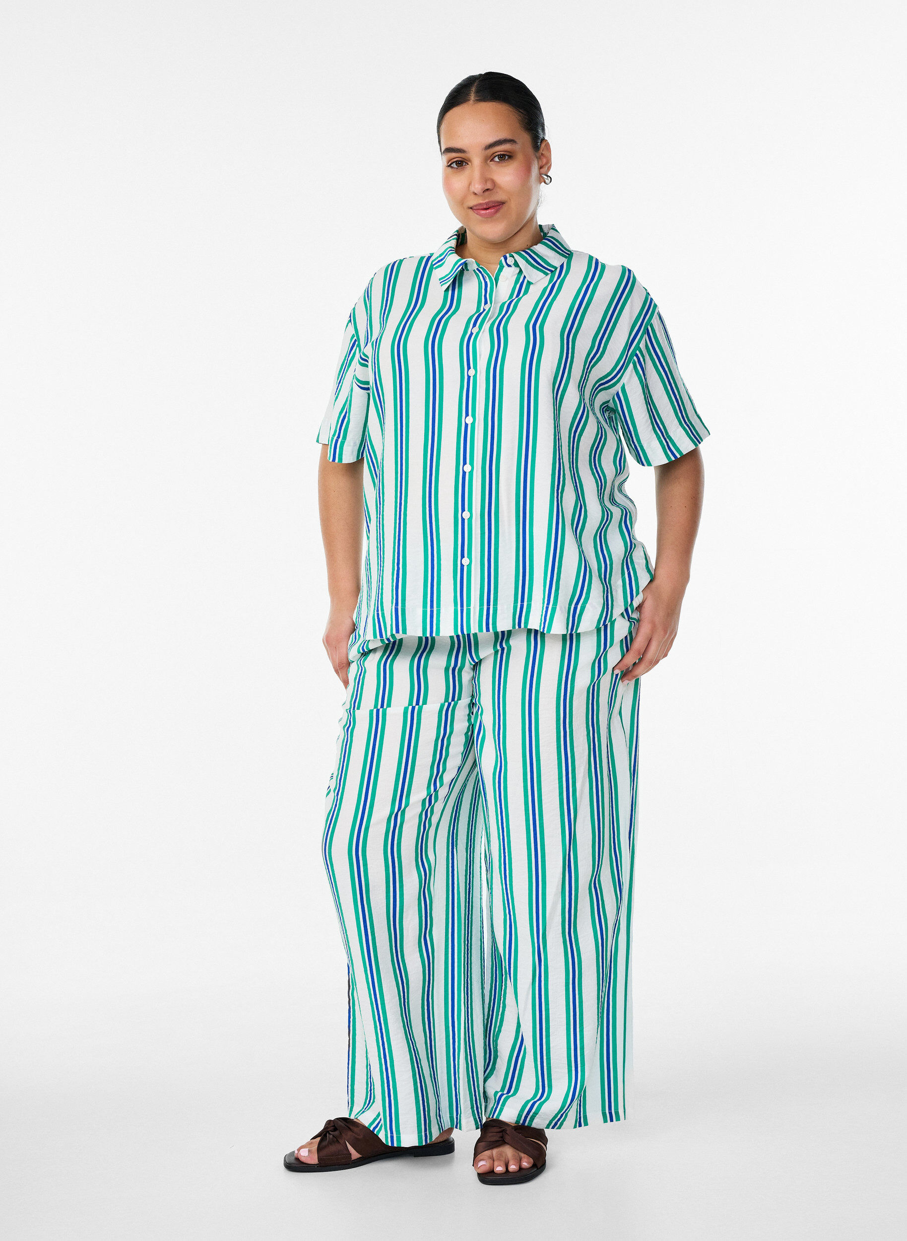 ZizziGestreifte Hose mit hoher Taille und weiten Beinen, Vanille, Model image number 1