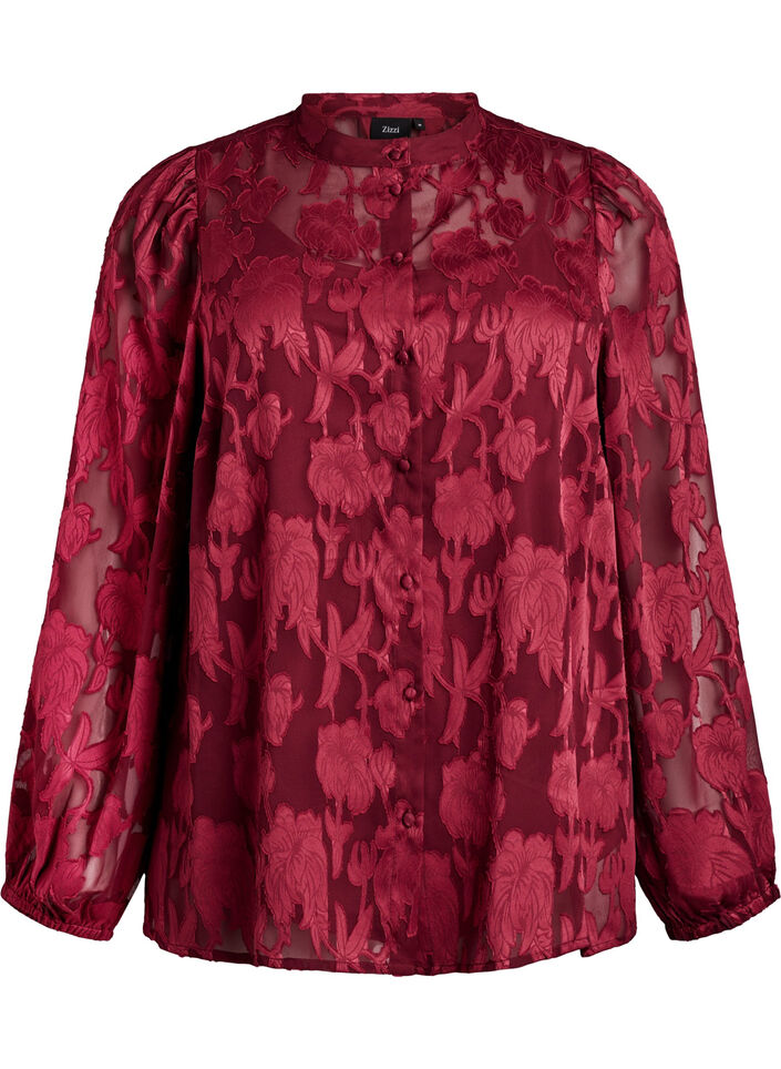 Blouse avec boutons et motif fleuri, Bordeaux foncé, Packshot image number 0
