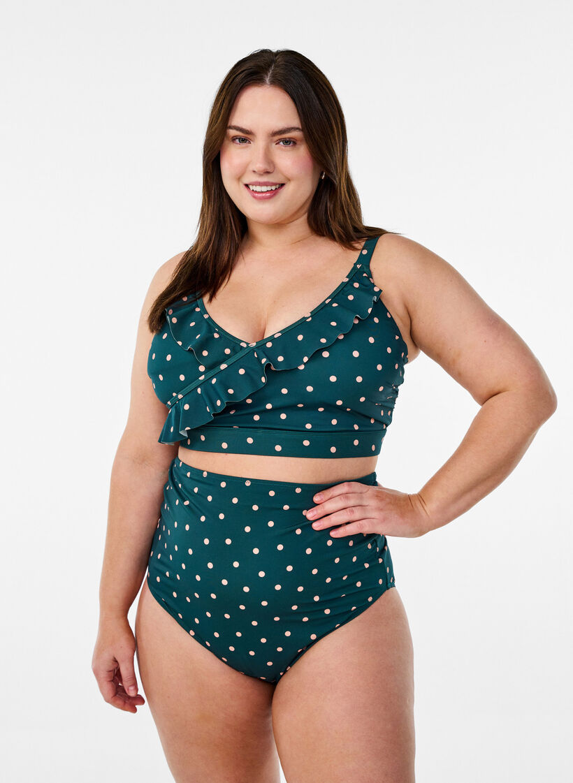 Bikinioberteil mit Punkten und R&uuml;schendetails, Gr&uuml;n, Model image number 1