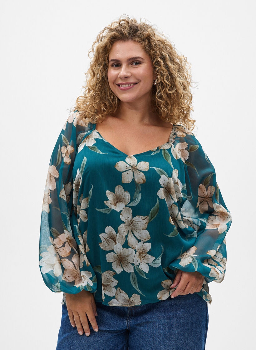 Chemisier en mousseline avec imprim&eacute; floral et manches longues, Vert, Model image number 0