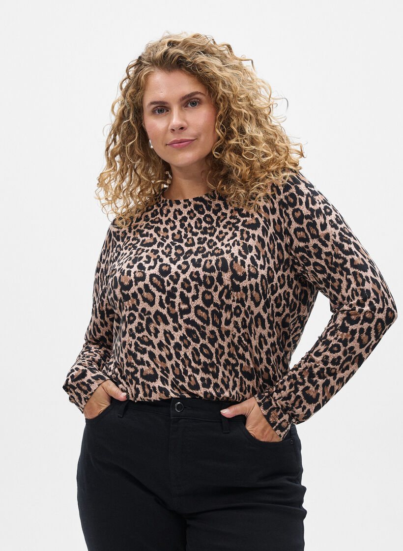 Lang&auml;rmlige Bluse mit Leopardenmuster, Braun, Model image number 0