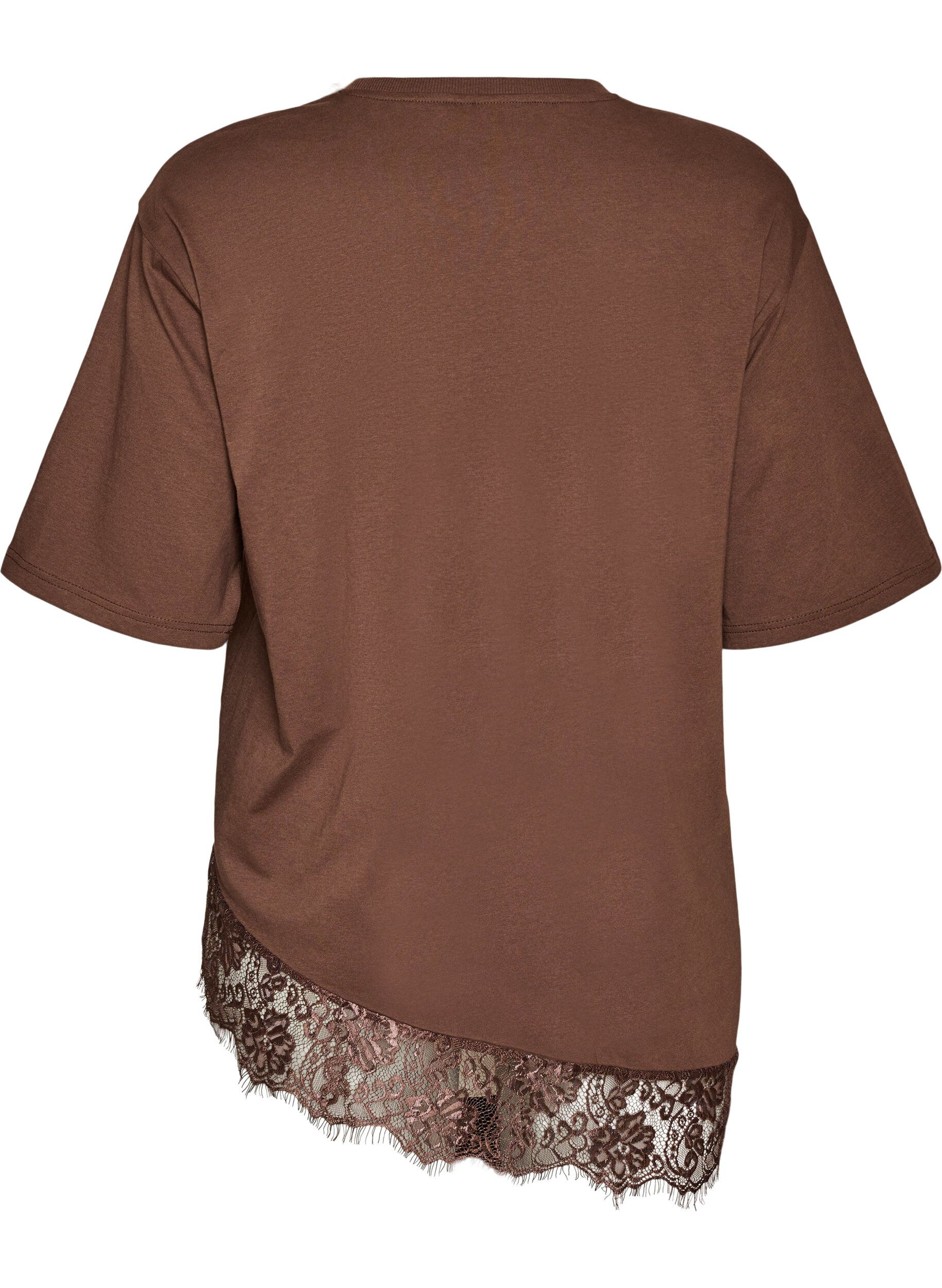 Zizzi T-Shirt mit asymmetrischem Spitzensaum, Braun, Packshot image number 1