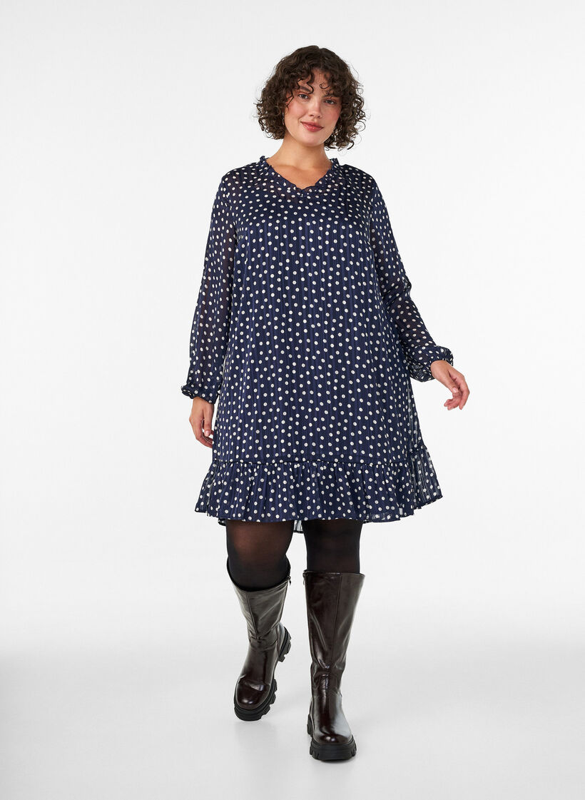 Gemustertes Kleid mit R&uuml;schen und langen &Auml;rmeln, Blau, Model image number 1