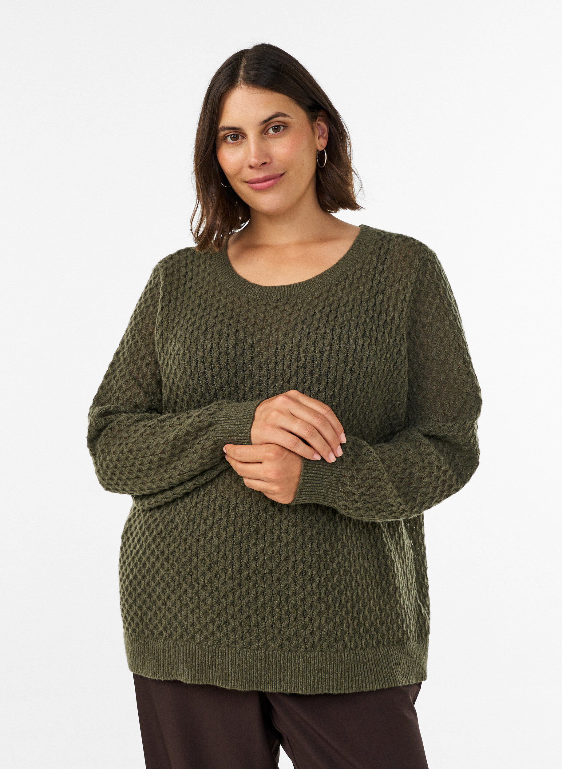 ZizziBlouse en maille avec motif ajour&eacute; textur&eacute;, Vert fonc&eacute;, Model image number 0