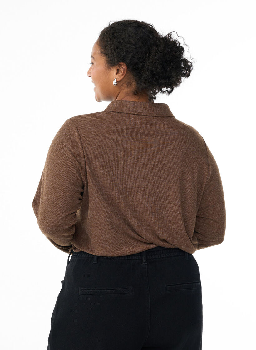 Langärmliges Poloshirt aus dehnbarem Rippmaterial, Fondue F. Mélange, Model image number 1