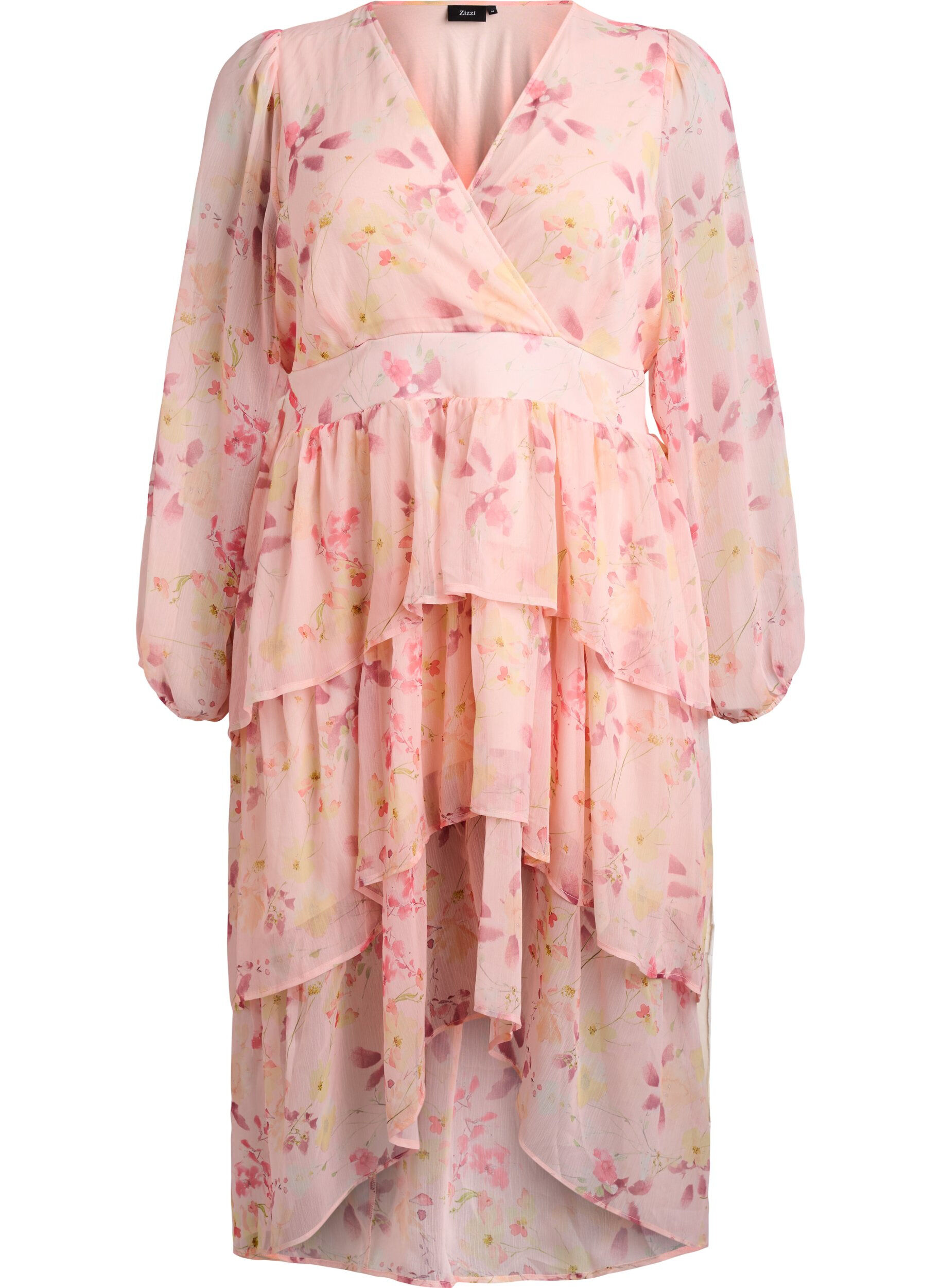 Zizzi Robe midi &agrave; fleurs en mousseline avec taille smock&eacute;e, Orange clair, Packshot image number 0