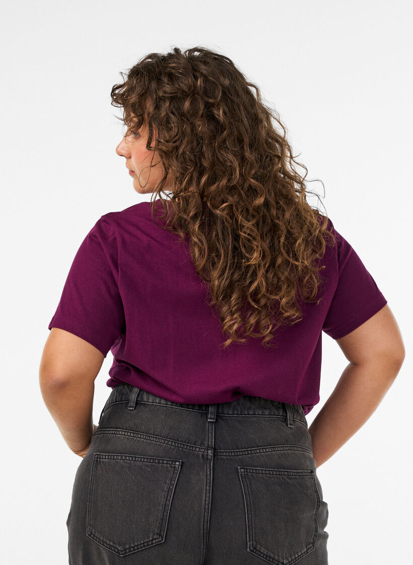 T-shirt en coton bio avec inscription en velours, Violet, Model image number 2