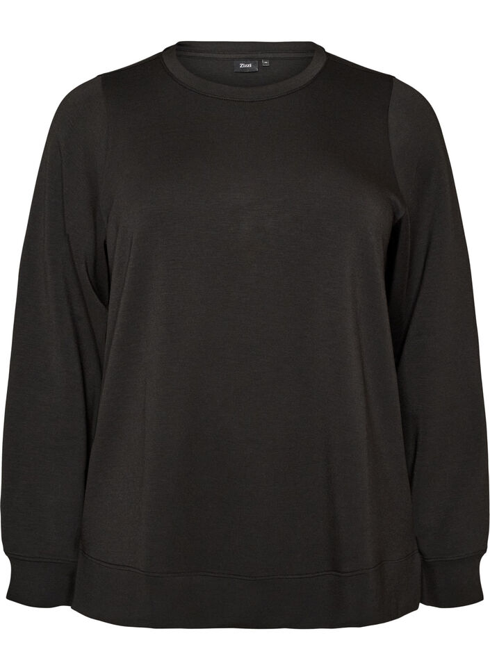 Lang&auml;rmelige Bluse aus Jersey mit Rundhalsausschnitt, Schwarz, Packshot image number 0