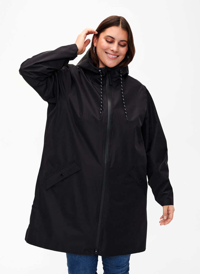 Regenmantel mit Taschen und Kapuze, Schwarz, Model image number 0