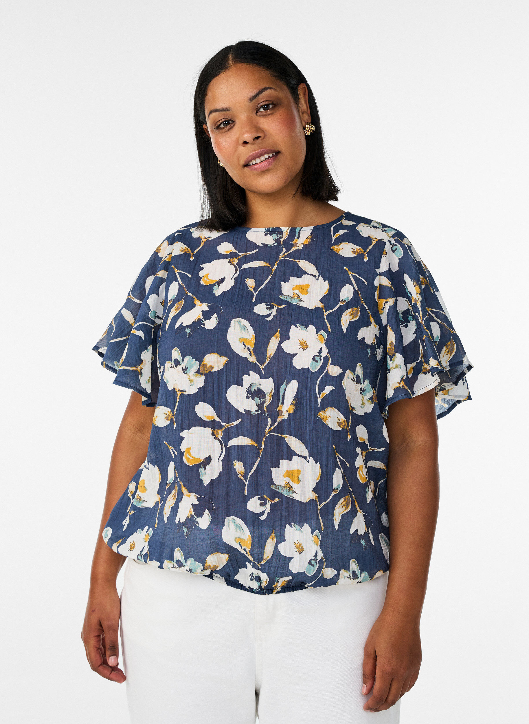 Blouse coupe ballon avec manches papillon, Bleu, Model