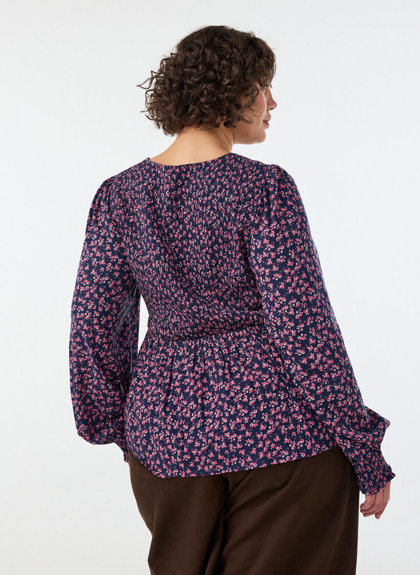 Bluse mit gesmoktem Oberteil und gebl&uuml;mtem Print, Blau, Model image number 1