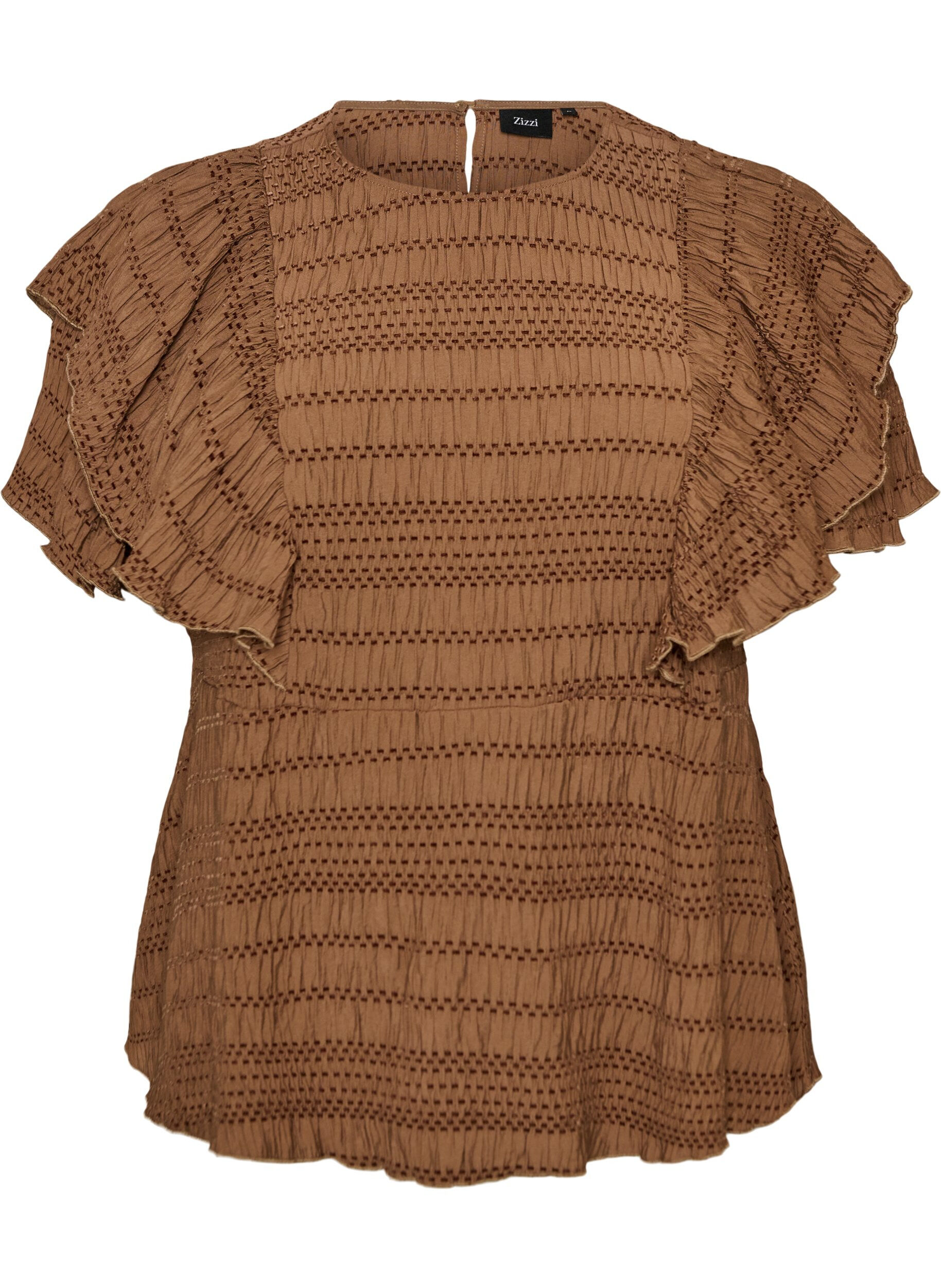 ZizziBlouse avec texture smock&eacute;e et manches &agrave; volants, Marron, Packshot image number 0