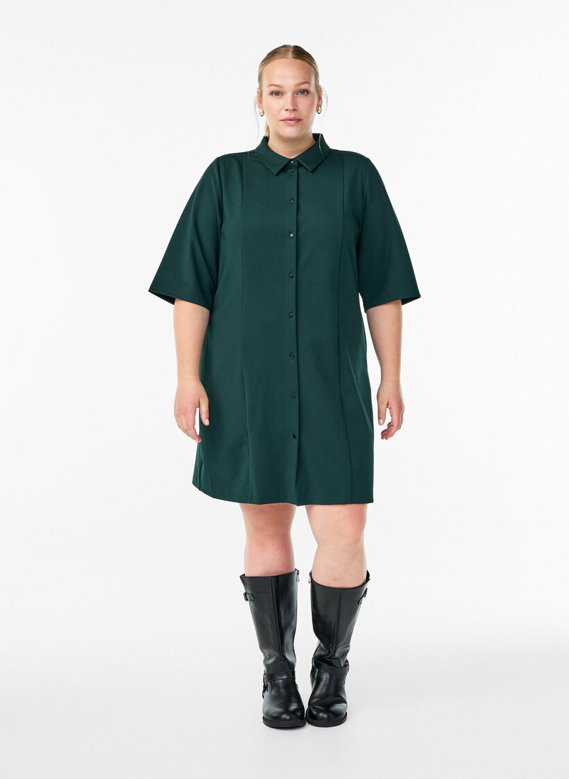Kurzes Hemdblusenkleid aus Baumwolle mit 3/4-Ärmeln, Grün, Model image number 1