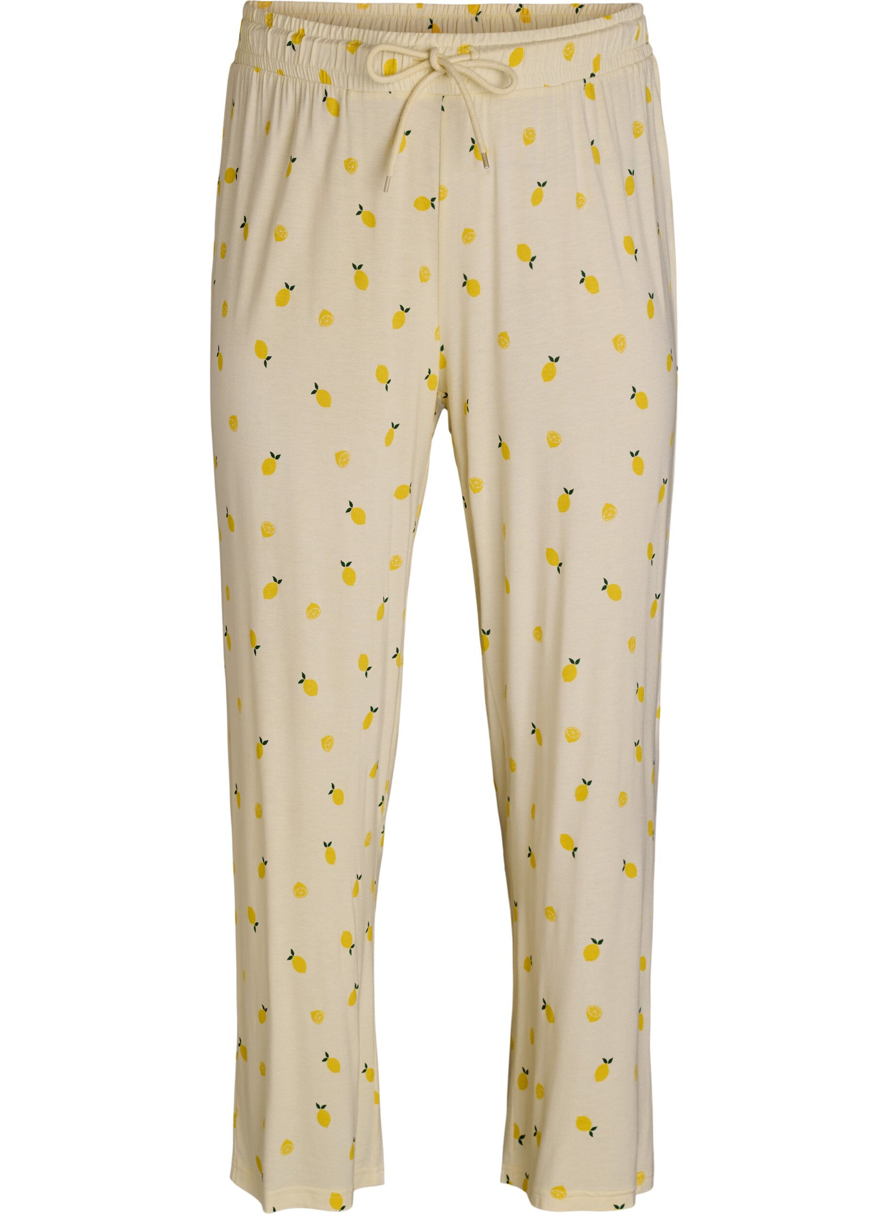 Zizzi Pantalon de pyjama en jersey doux avec taille haute et imprim&eacute; fruits, Jaune clair, Packshot image number 0