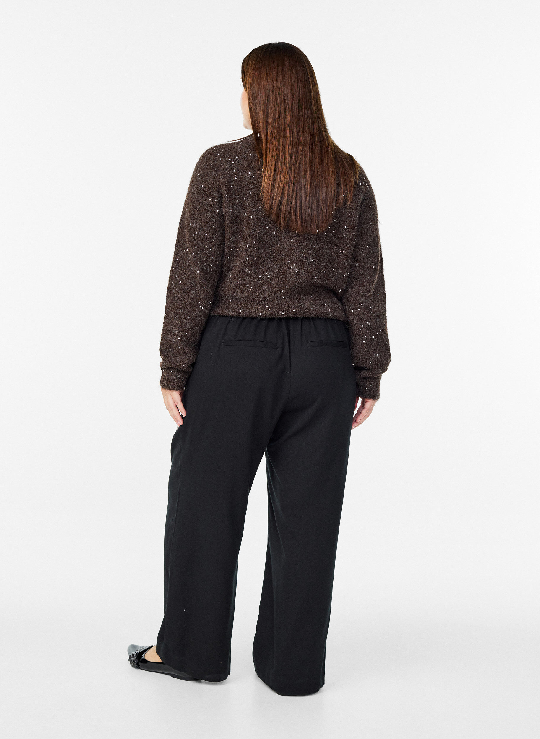 Zizzi Pantalon large taille haute, Noir, Model image number 1