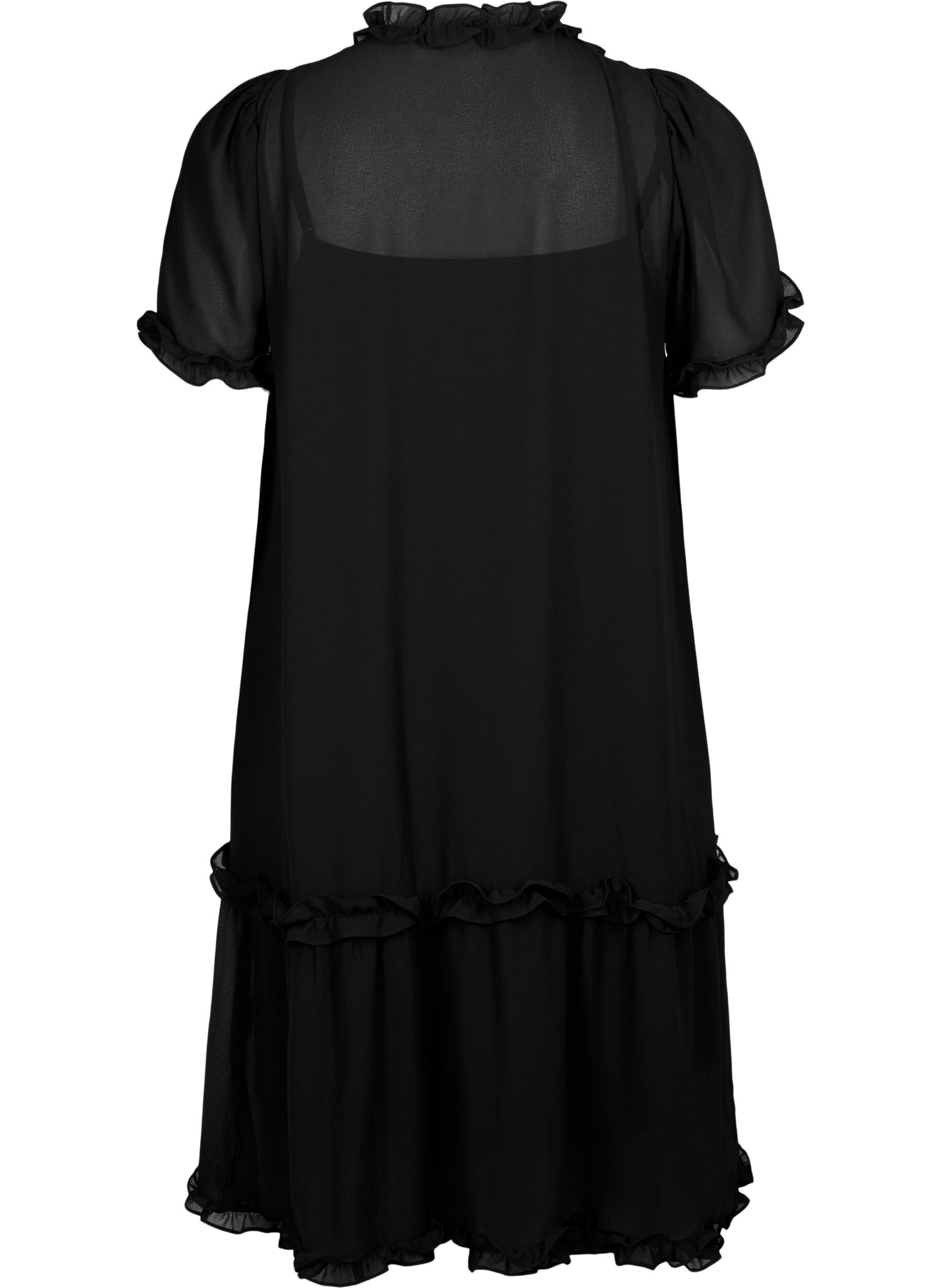 Zizzi Robe en mousseline avec coupe en A et volants, Black, Packshot image number 1
