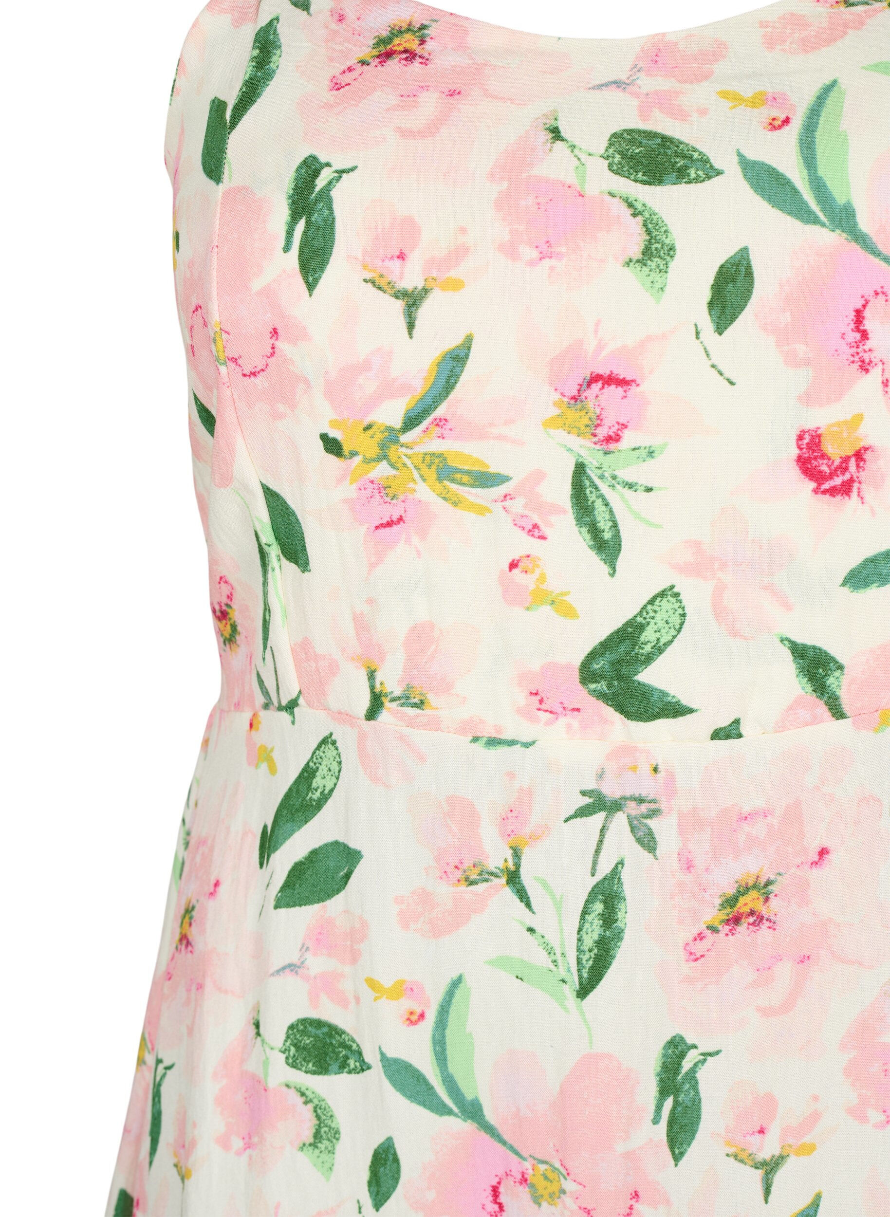 Zizzi Robe &agrave; bretelles en viscose florale avec smocking, Off White Flower, Packshot image number 2