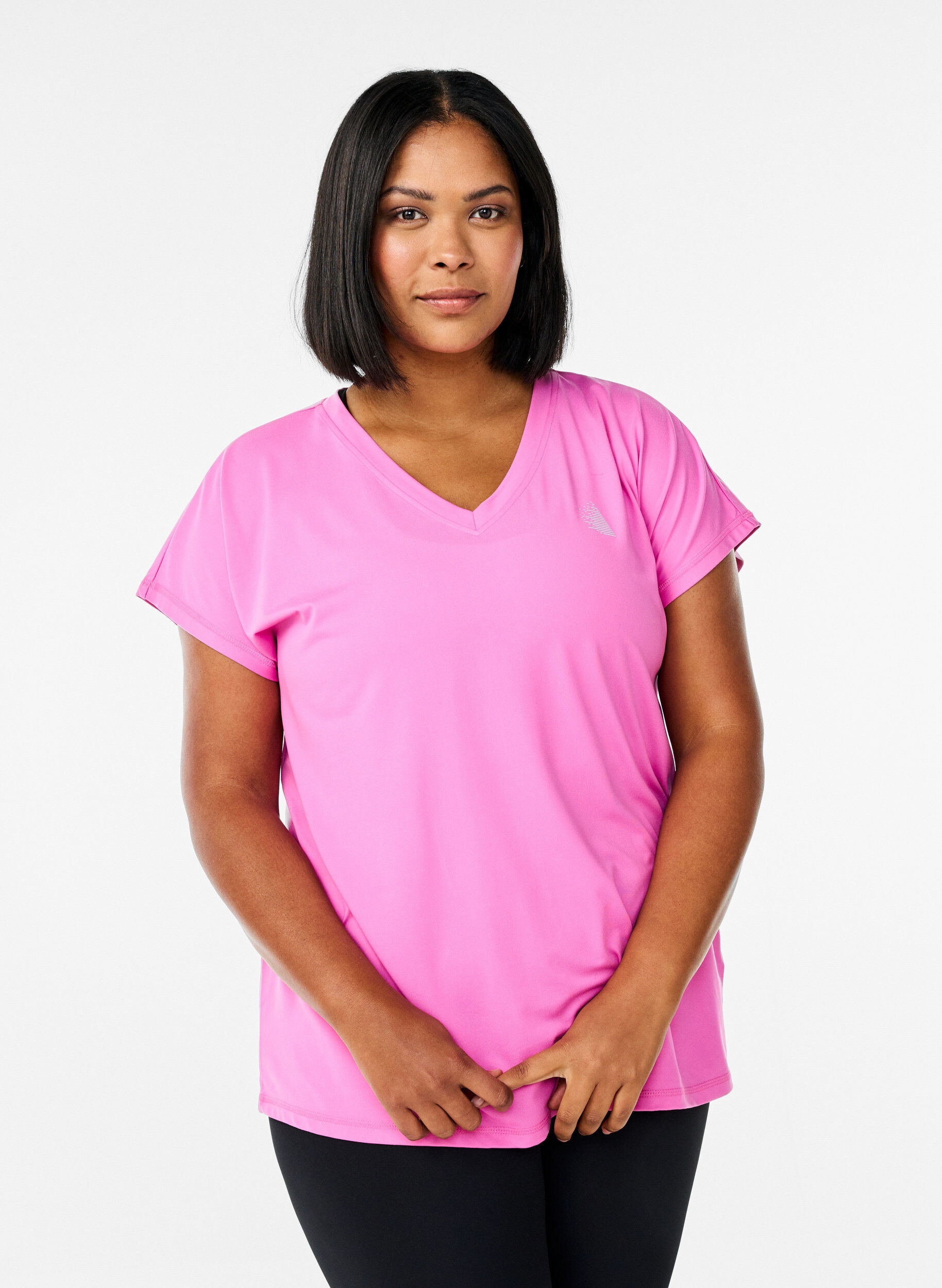 Lockeres Trainingsshirt mit V-Ausschnitt, Pink, Model
